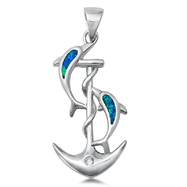 Pendentif Dauphins sur Ancre de Marine orné d'Opale bleue en Argent 925