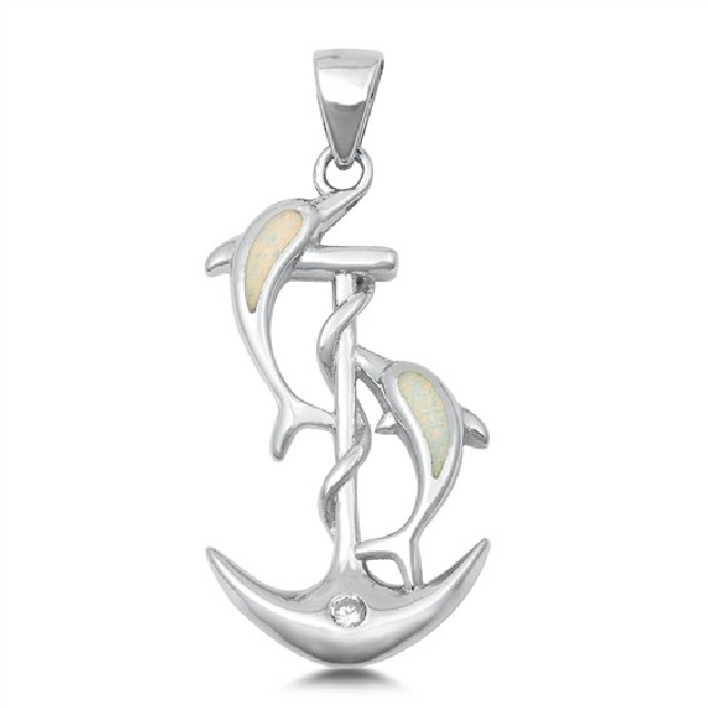 Pendentif Dauphins sur Ancre de Marine orné d'Opale blanche en Argent 925