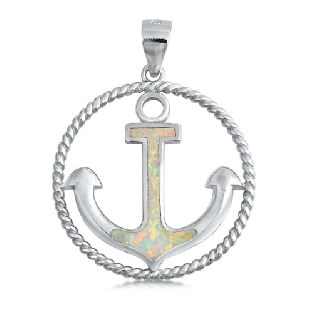 Pendentif Ancre de Marine entourée de Bout orné d'Opale blanche en Argent 925