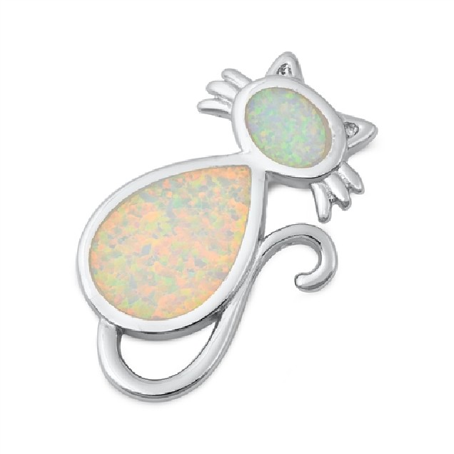 Pendentif Chat orné d'Opale blanche en Argent 925