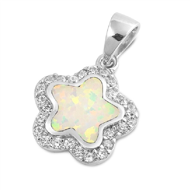 Pendentif Fleur orné d'Opale blanche en Argent 925