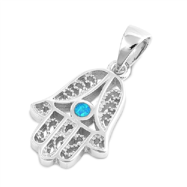 Pendentif Main de Fatma orné d'Opale bleue en Argent 925