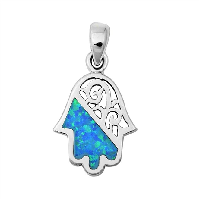 Pendentif Main de Fatma orné d'une Opale bleue en Argent 925