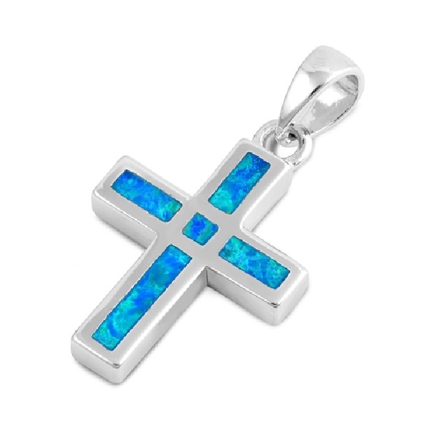 Pendentif Croix orné d'Opale bleue en Argent 925