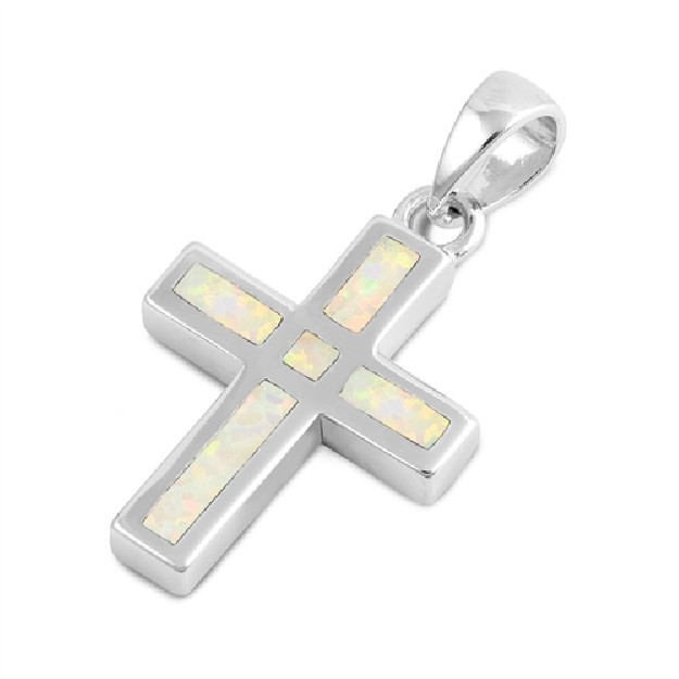 Pendentif Croix orné d'Opale blanche en Argent 925