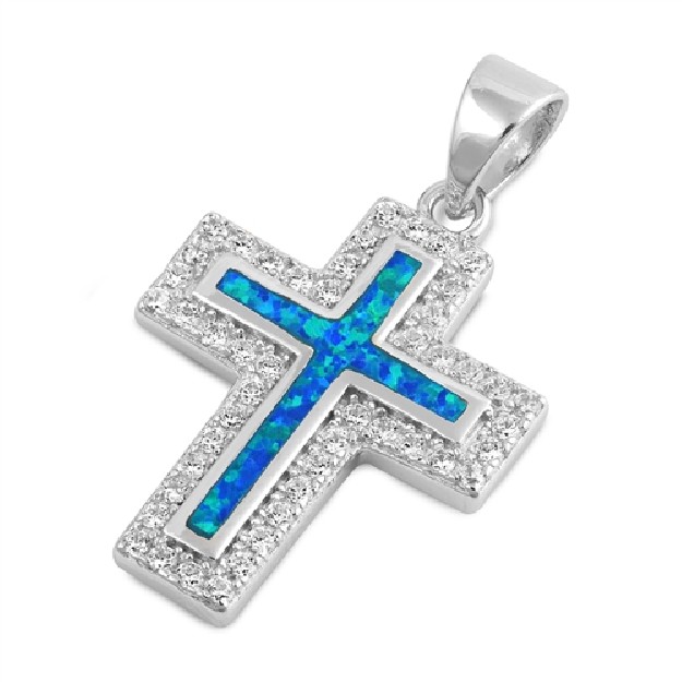 Pendentif Croix orné d'une Opale bleue en Argent 925