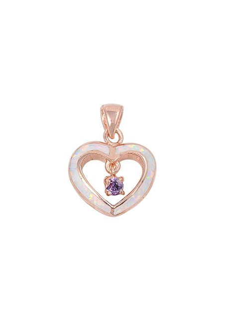 Pendentif Cœur orné d'Opale blanche et d'une Améthyste violette en plaqué Or rose