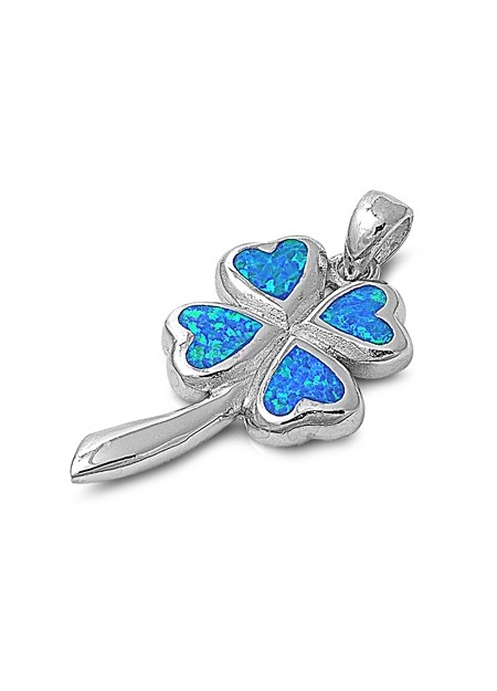 Pendentif Trèfle à 4 Cœurs orné d'Opale bleue en Argent 925