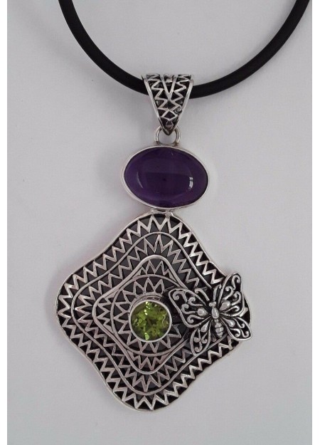 AGNES CREATIONS / JOLI PENDENTIF EN ARGENT 925 ORNE D'UNE AMETHYSTE & PERIDOT