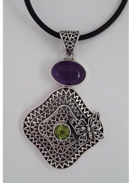 AGNES CREATIONS / JOLI PENDENTIF EN ARGENT 925 ORNE D'UNE AMETHYSTE & PERIDOT