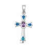 Pendentif Croix orné d'Opale bleue et d'une Améthyste violette au centre en Argent 925