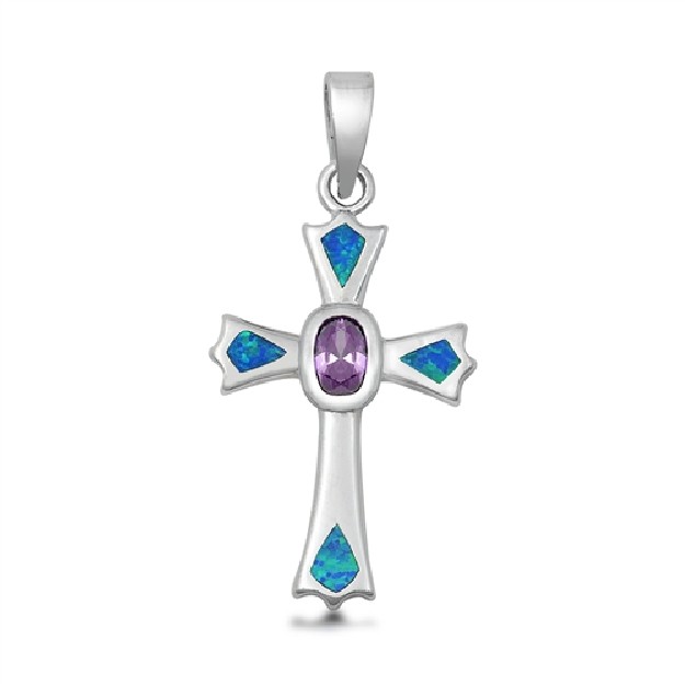 Pendentif Croix orné d'Opale bleue et d'une Améthyste violette au centre en Argent 925