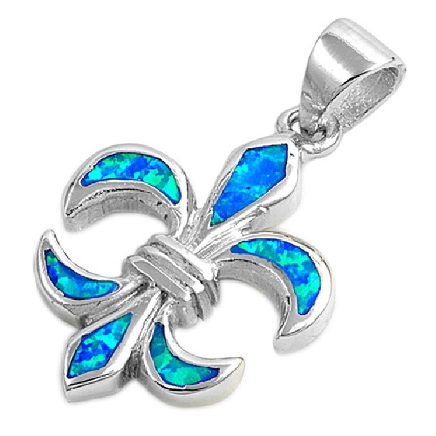 Pendentif Fleur de Lys orné d'Opale bleue en Argent 925