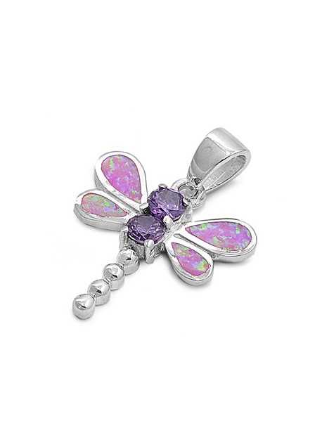 Pendentif Libellule orné d'Opale blanche et 2 Améthystes violettes en Argent 925