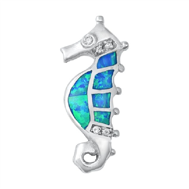 Pendentif Hippocampe orné d'Opale bleue & Zirconium en Argent 925