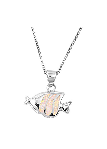 Chaine avec Pendentif Poisson orné d'Opale blanche en Argent 925