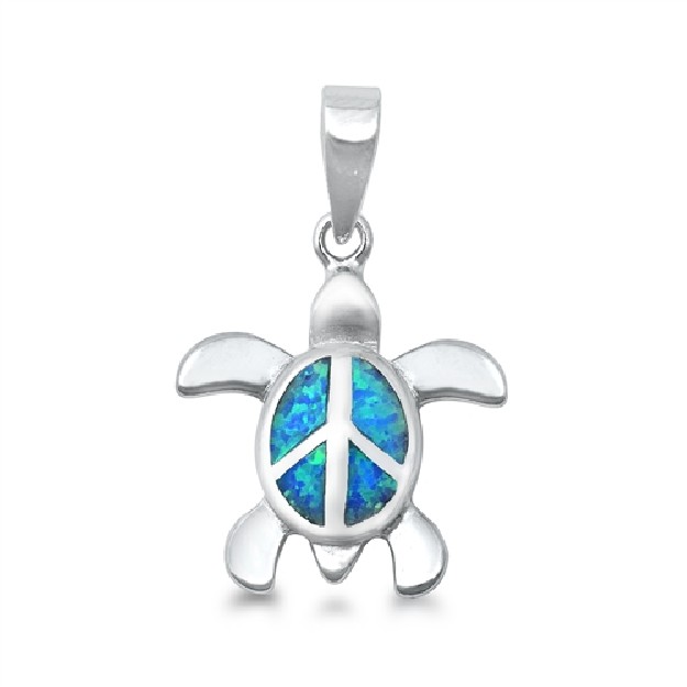 Pendentif Tortue de mer avec le Symbole Peace & Love orné d'Opale bleue en Argent 925