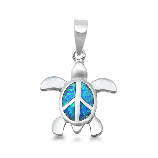 Pendentif Tortue de mer avec le Symbole Peace & Love orné d'Opale bleue en Argent 925