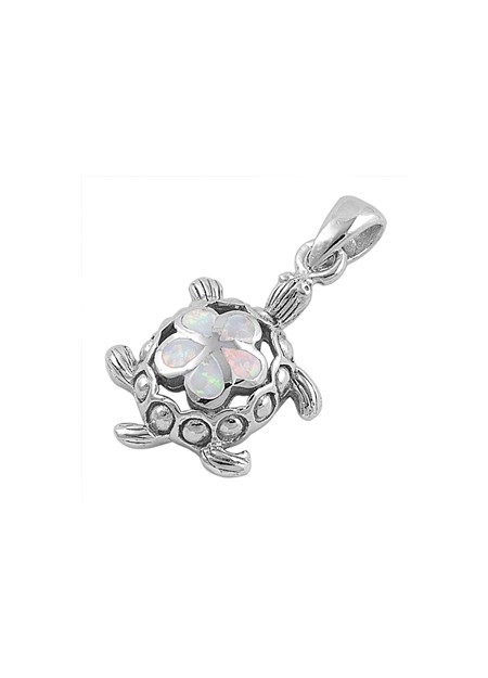 Pendentif Tortue de mer & Fleur orné d'Opale blanche en Argent 925