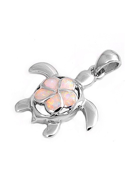 Pendentif Tortue de mer & Fleur orné d'Opale rose en Argent 925