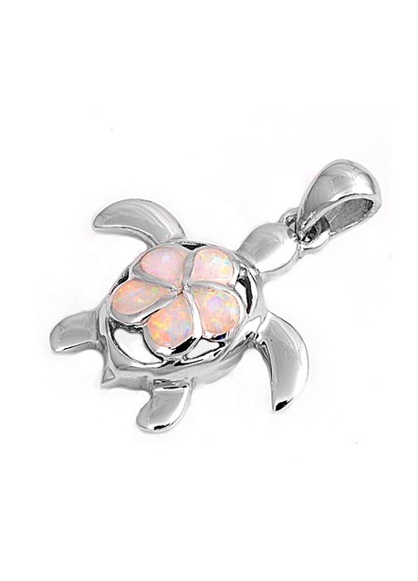 Pendentif Tortue de mer & Fleur orné d'Opale rose en Argent 925