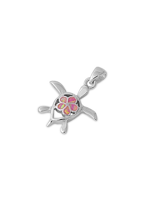 Pendentif Tortue de mer & Fleur orné d'Opale rose en Argent 925