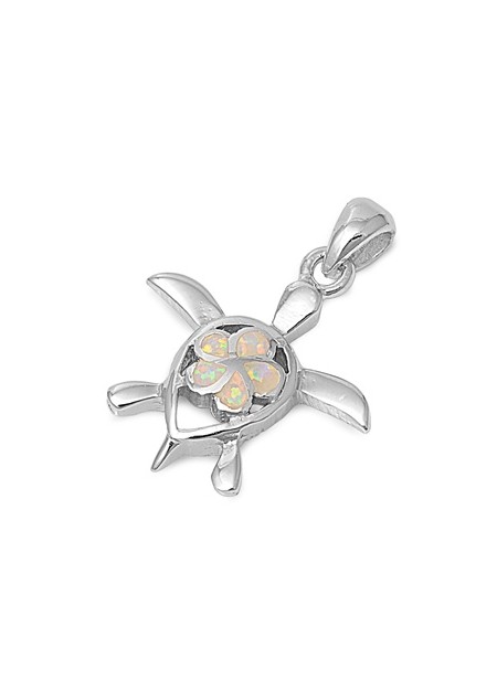 Pendentif Tortue de mer & Fleur orné d'Opale blanche en Argent 925