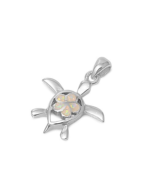 Pendentif Tortue de mer & Fleur orné d'Opale blanche en Argent 925