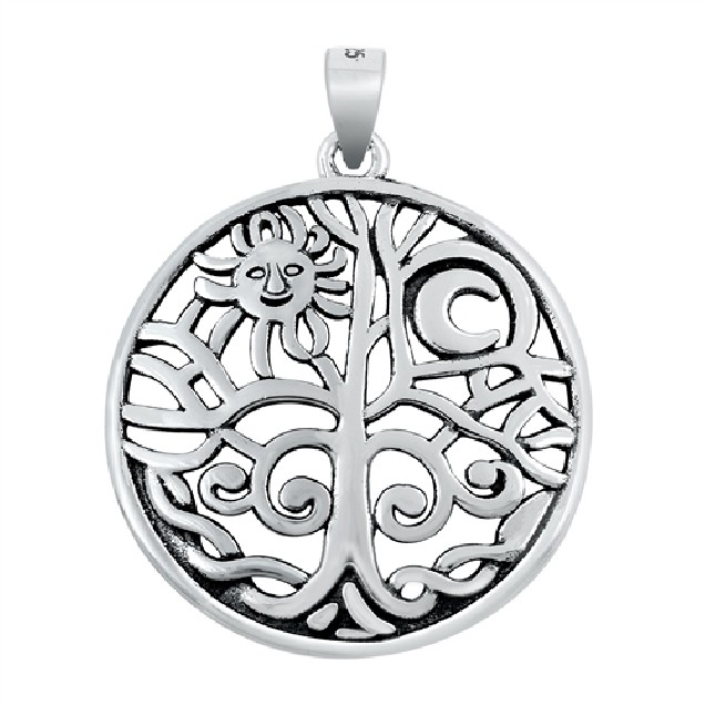 PENDENTIF mixte Médaillon Arbre, Soleil et Lune argent 925