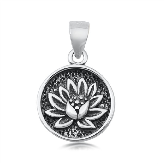 PENDENTIF mixte Médaillon rond Fleur de Lotus argent 925