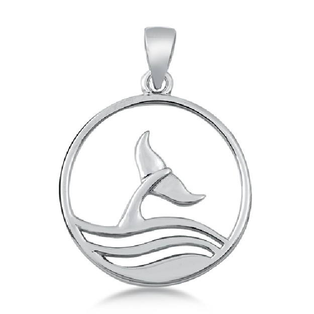 PENDENTIF mixte Médaillon rond Queue de baleine et Vagues argent 925