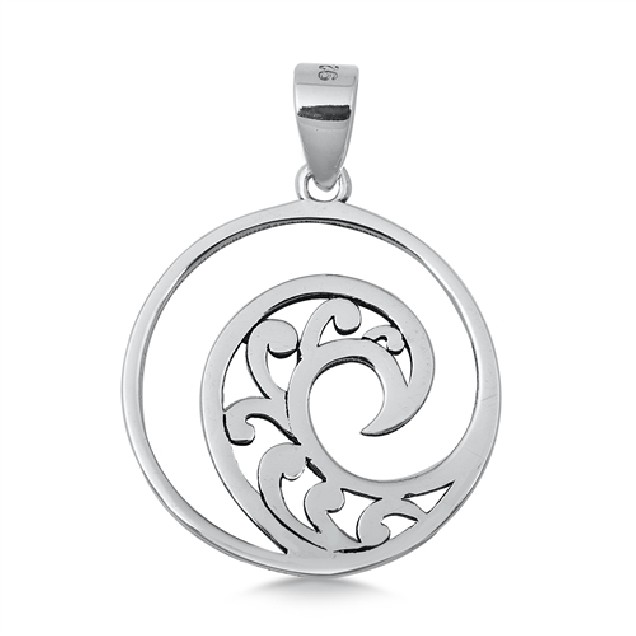 PENDENTIF mixte Médaillon rond Vague argent 925