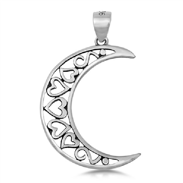 PENDENTIF Croissant de Lune et Cœurs argent 925