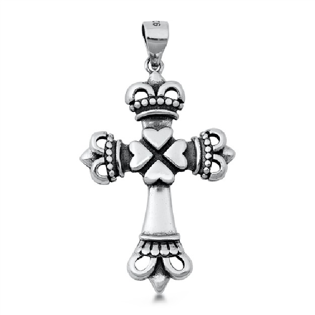 PENDENTIF Croix avec Couronnes et Cœurs argent 925