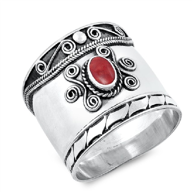 Bague Large en Argent Massif 20 MM ornée de Corail Gorgone