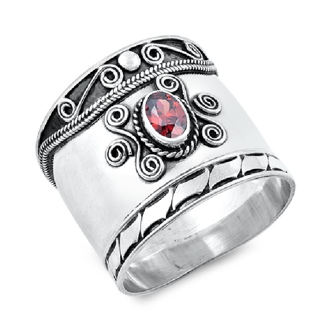 Bague Large en Argent Massif 20 MM ornée d'un Zirconium Grenat