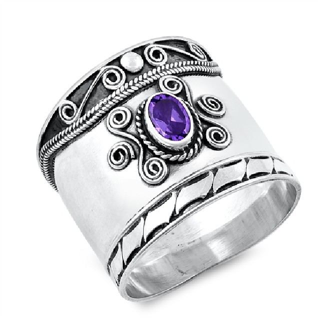 Bague Large en Argent Massif 20 MM ornée d'un Zirconium Améthyste