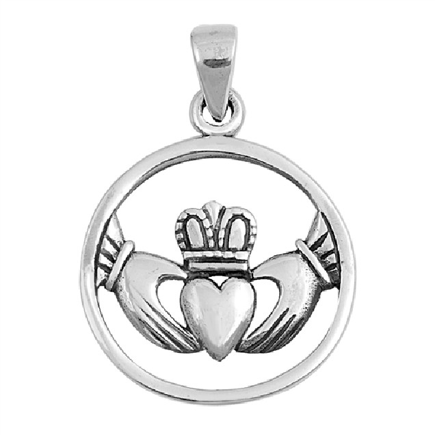 PENDENTIF mixte Médaillon rond Cœur entre les Mains Claddagh argent 925