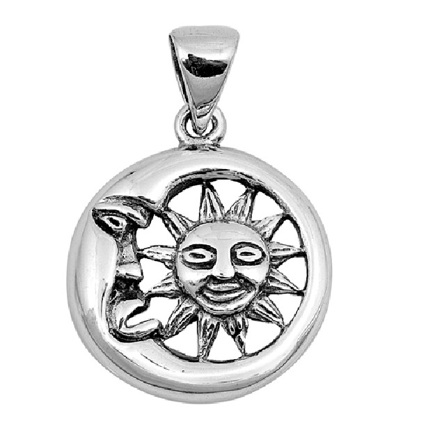 PENDENTIF mixte Médaillon rond Lune et Soleil argent 925