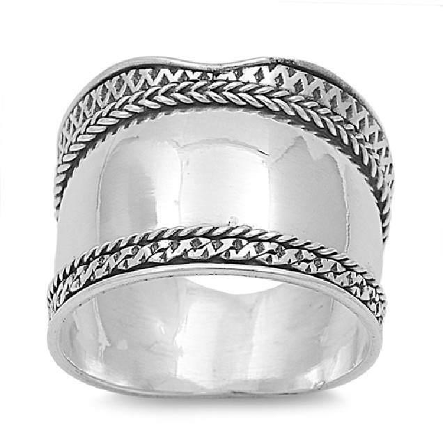 Bague Anneau Large mixte Argent 925 décor courbe & torsade - 16 MM