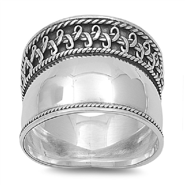 Bague Anneau Large en Argent 925 décor Ethnique - 12 MM