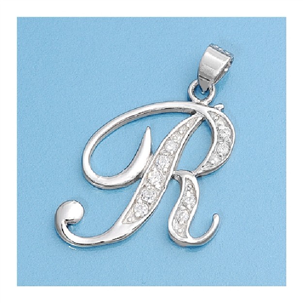 Pendentif initiale Lettre R argent 925 orné Zirconiums