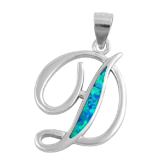 Pendentif initiale Lettre D argent 925 orné Opale bleue