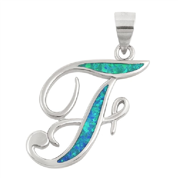 Pendentif initiale Lettre F argent 925 orné Opale bleue