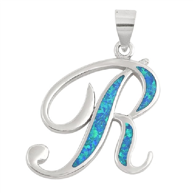 Pendentif initiale Lettre R argent 925 orné Opale bleue