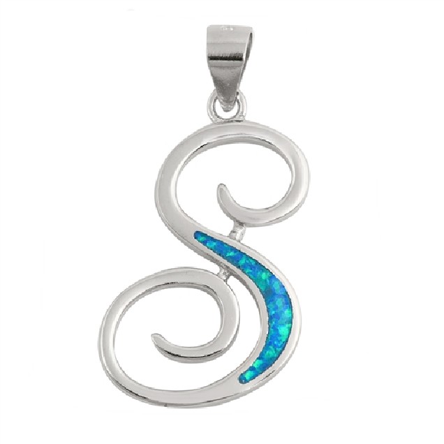 Pendentif initiale Lettre S argent 925 orné Opale bleue