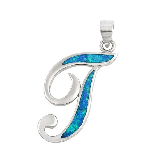 Pendentif initiale Lettre T argent 925 orné Opale bleue