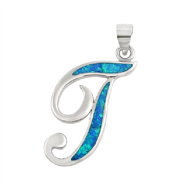 Pendentif initiale Lettre T argent 925 orné Opale bleue