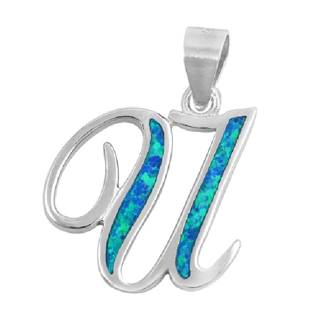 Pendentif initiale Lettre U argent 925 orné Opale bleue