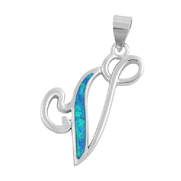 Pendentif initiale Lettre V argent 925 orné Opale bleue